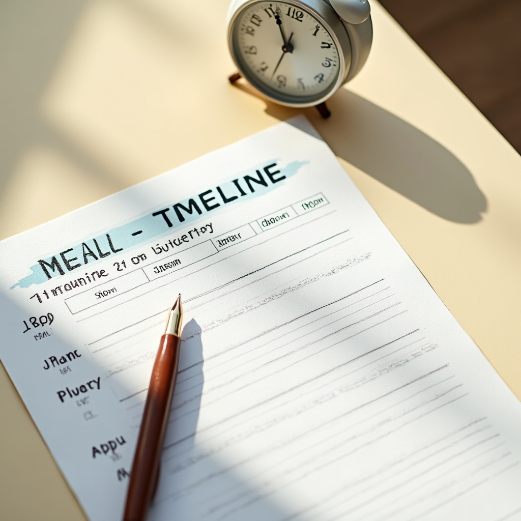 Flat lay of a printed meal timing worksheet, pen and small clock on a light wooden table
